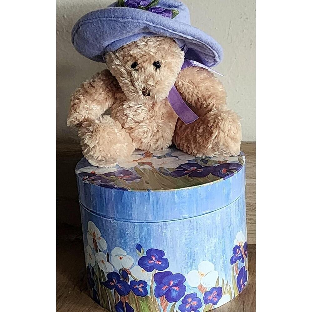 Vintage Avon 4” Jointed Teddy Bear Lavender Hat Floral Printed Hat Box